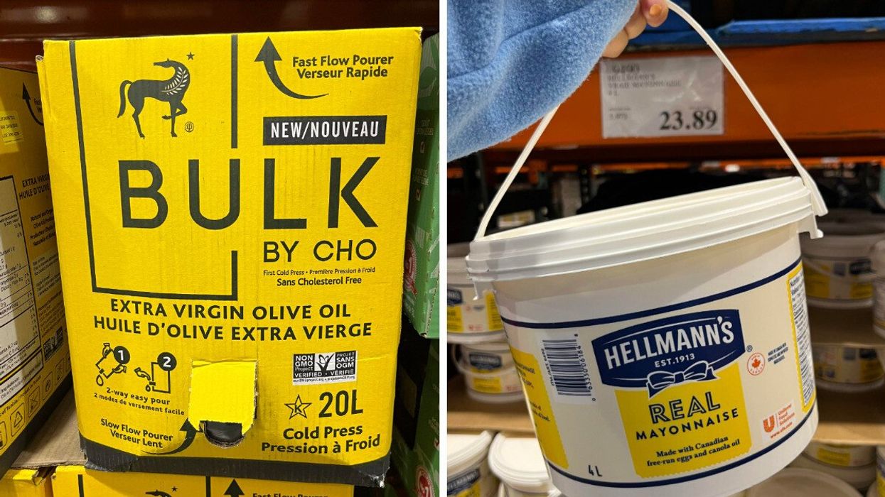 20 litres d'huile d'olive extra vierge chez Costco. Droite : Mayonnaise de 4 litres vendue chez Costco.