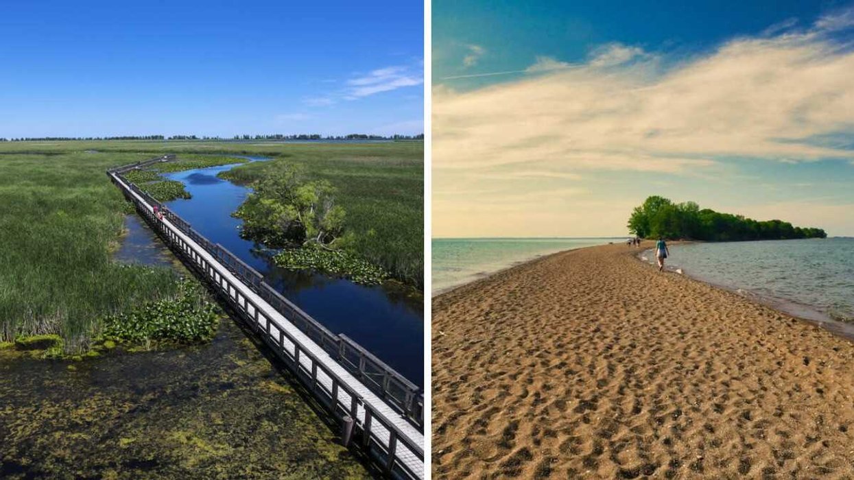 A boardwalk through a marsh. Right: A sandy strip of land.