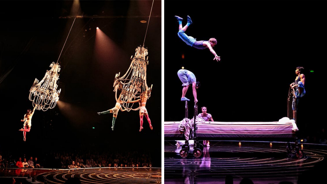 Acrobaties aériennes. Droite : Numéro de lit trampoline.