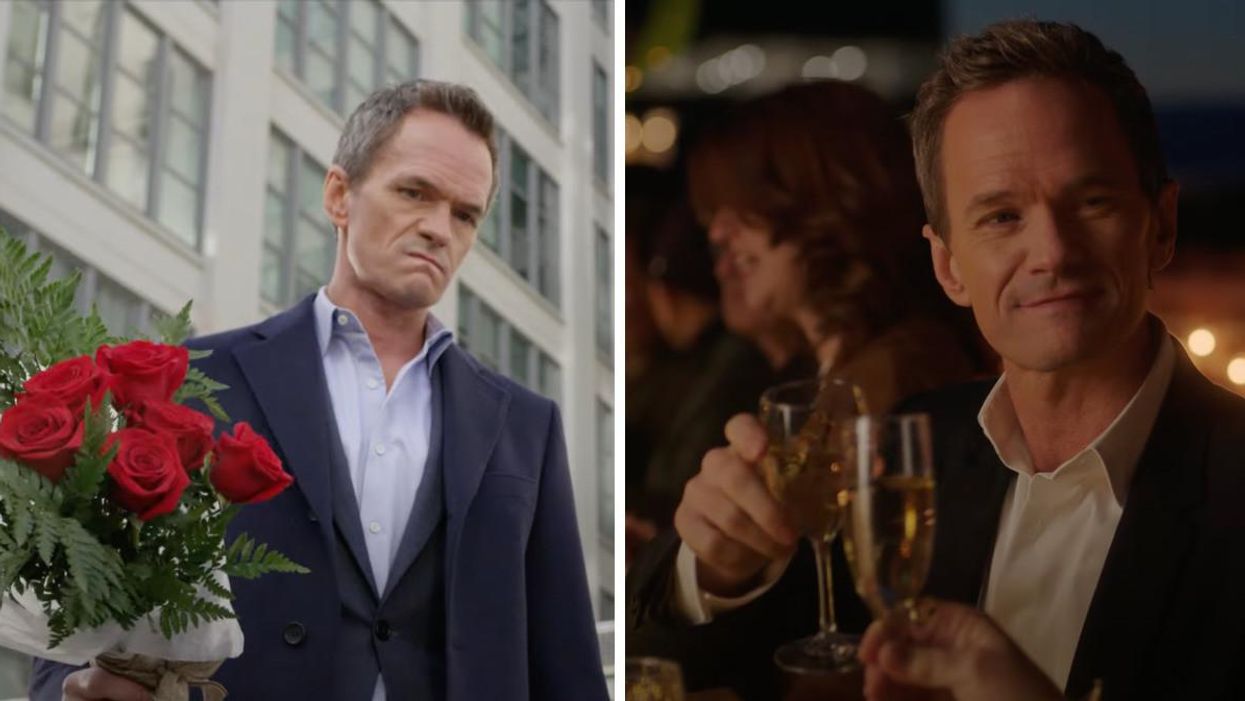Acteur Neil Patrick Harris habillé en habit et tenant un bouquet de fleurs dans une nouvelle série Netflix, Uncoupled. Droite : Harris souriant et trinquant un verre avec une personne inconnue.