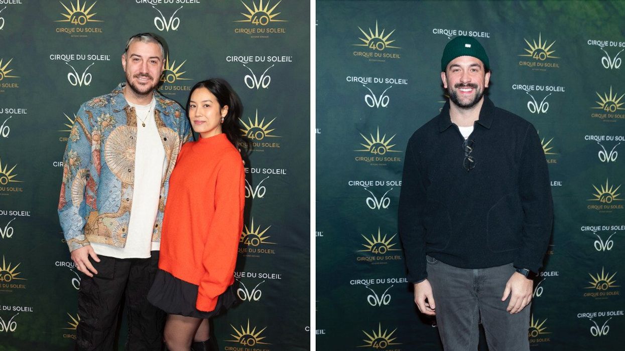 Adamo et sa fiancée Panida sur le tapis rouge d'OVO du Cirque du Soleil. Droite : Félix-Antoine Tremblay sur le tapis rouge d'OVO du Cirque du Soleil.
