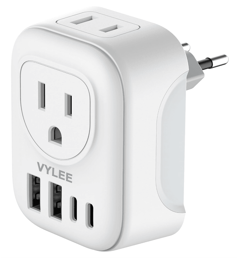 Adaptateur de prise de voyage avec 4 prises AC, 2 ports USB.