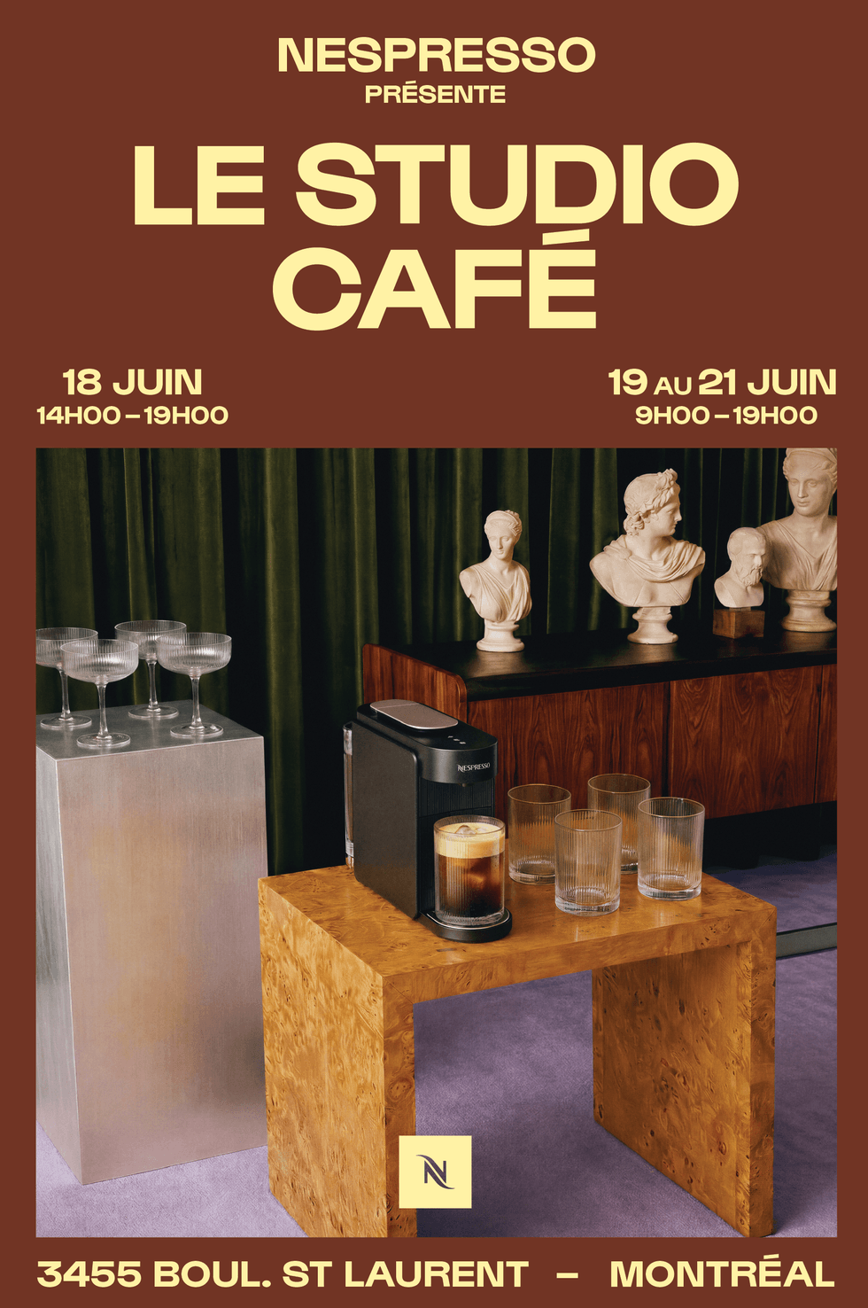 Affiche de l\u2019\u00e9v\u00e9nement Le Studio Caf\u00e9 par Nespresso \u00e0 Montr\u00e9al avec machine \u00e0 caf\u00e9 et d\u00e9gustations.