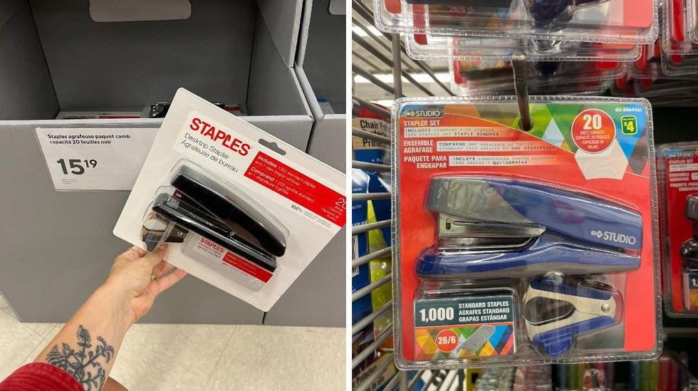 Agrafeuse au Bureau en Gros. Droite : Agrafeuse au Dollarama.