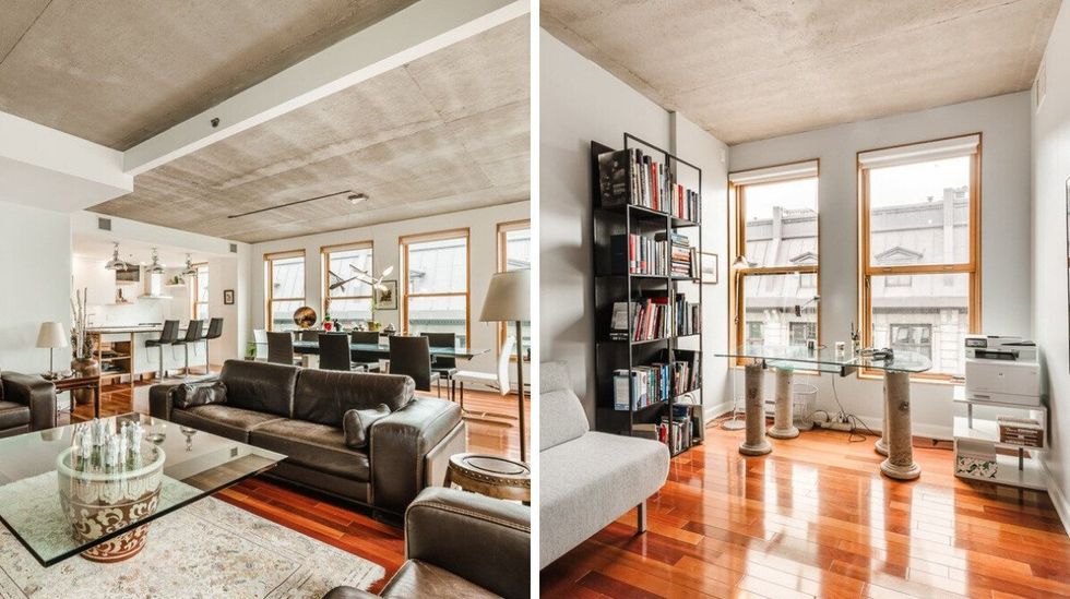 Aire ouverte du condo \u00e0 vendre \u00e0 Montr\u00e9al. Droite : Bureau.