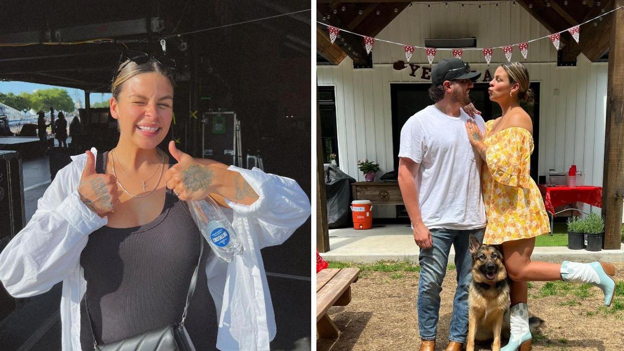 Alanis Desilets est enceinte. Droite : Joël Giguère et Alanis Desilets avec leur chien.