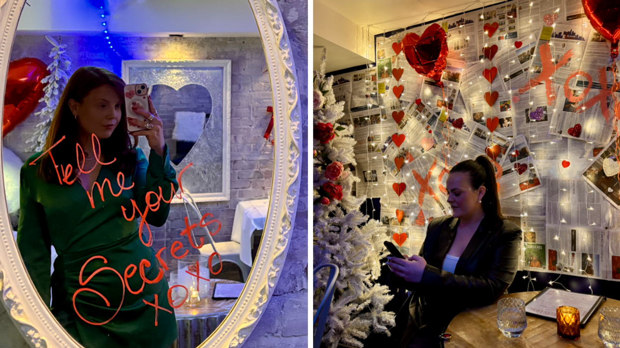 Alanna dans le miroir du bar Secrets à Montréal. Droite : Une personne dans le décor romantique du speakeasy Secrets dans le Kwizinn à Montréal.