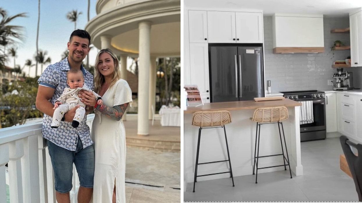 Alexandra et Yannick d'OD avec leur fils Logan. Droite : La cuisine de la maison de Yannick et Alexandra d'OD.