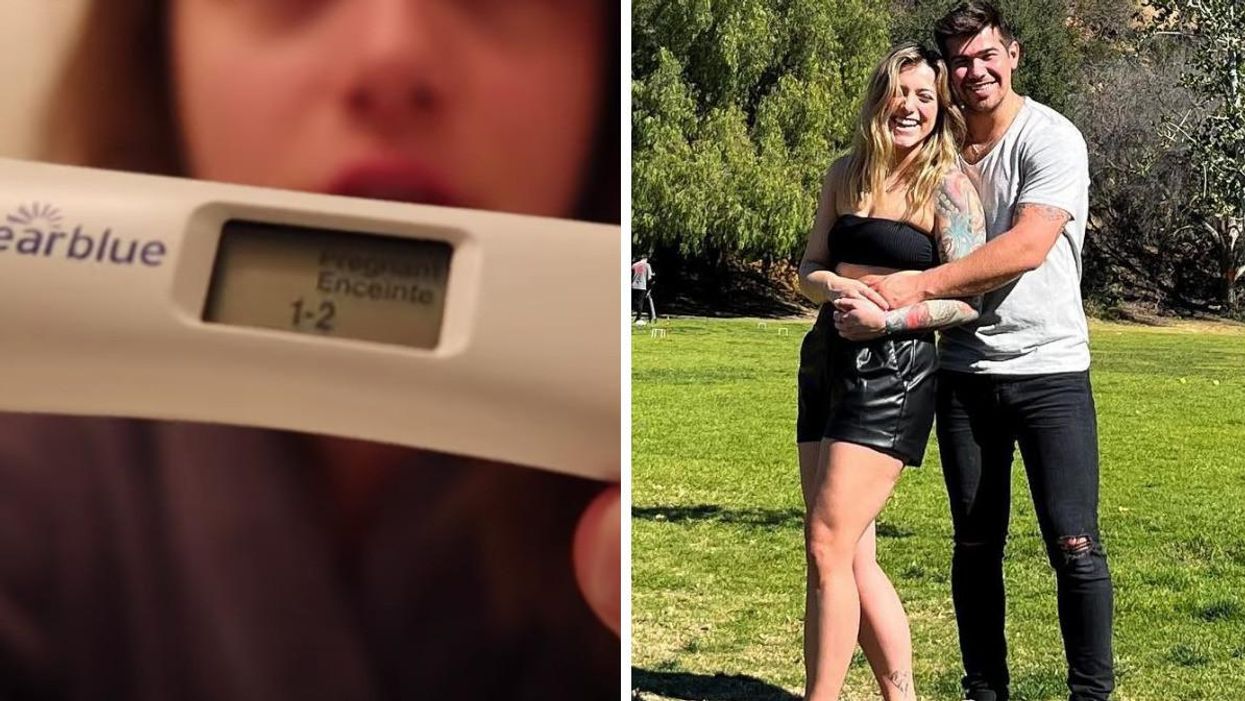 Alexandra Lapierre avec un test de grossesse. Droite : Alexandra Lapierre et Yannick Martel.