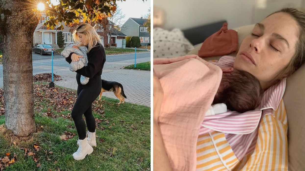 Alexandra Lapierre et son bébé à l'extérieur. Maripier Morin et son bébé naissant.