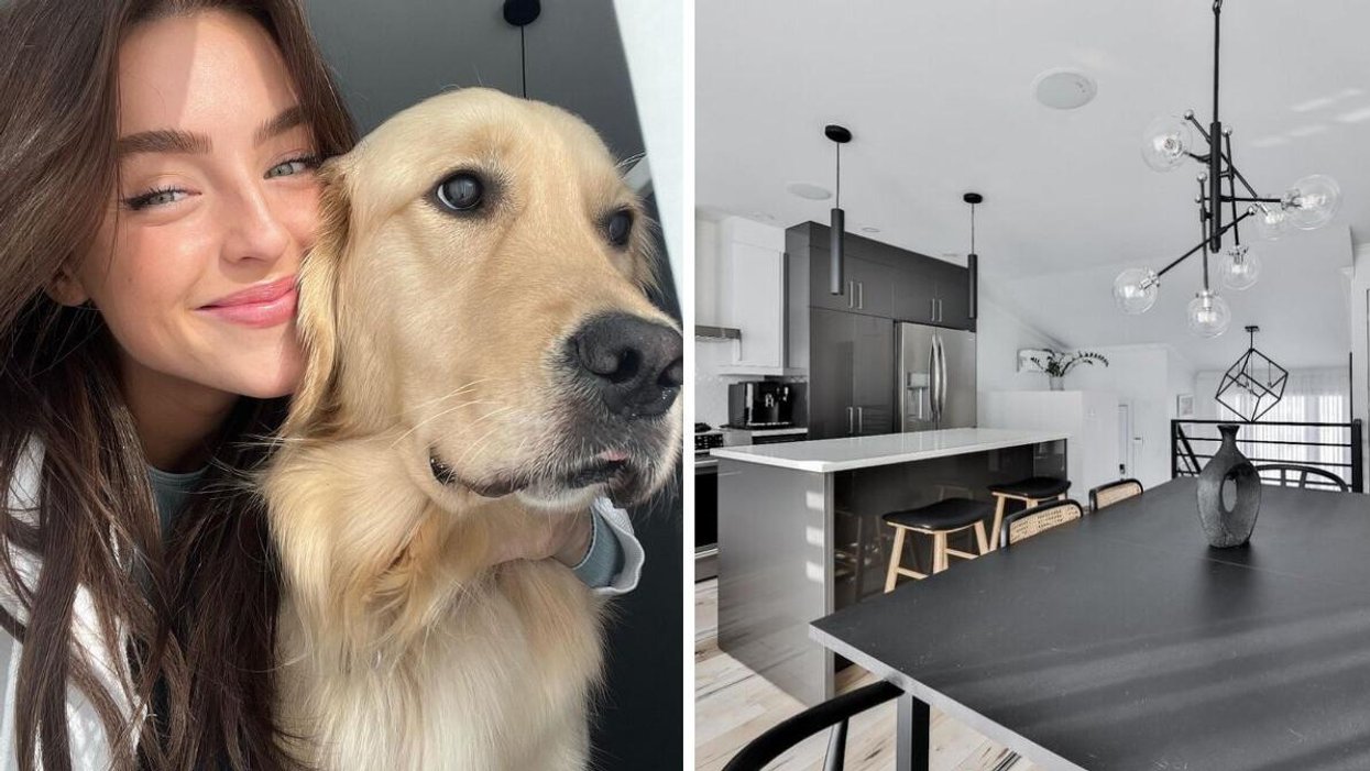 Alicia Moffet et son chien. Droite : La maison d'Alicia Moffet à vendre.