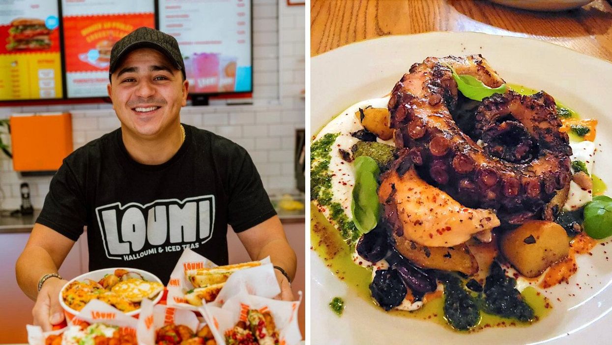 Amine Laabi au restaurant Loumi. Droite : La pieuvre du restaurant Moccione.