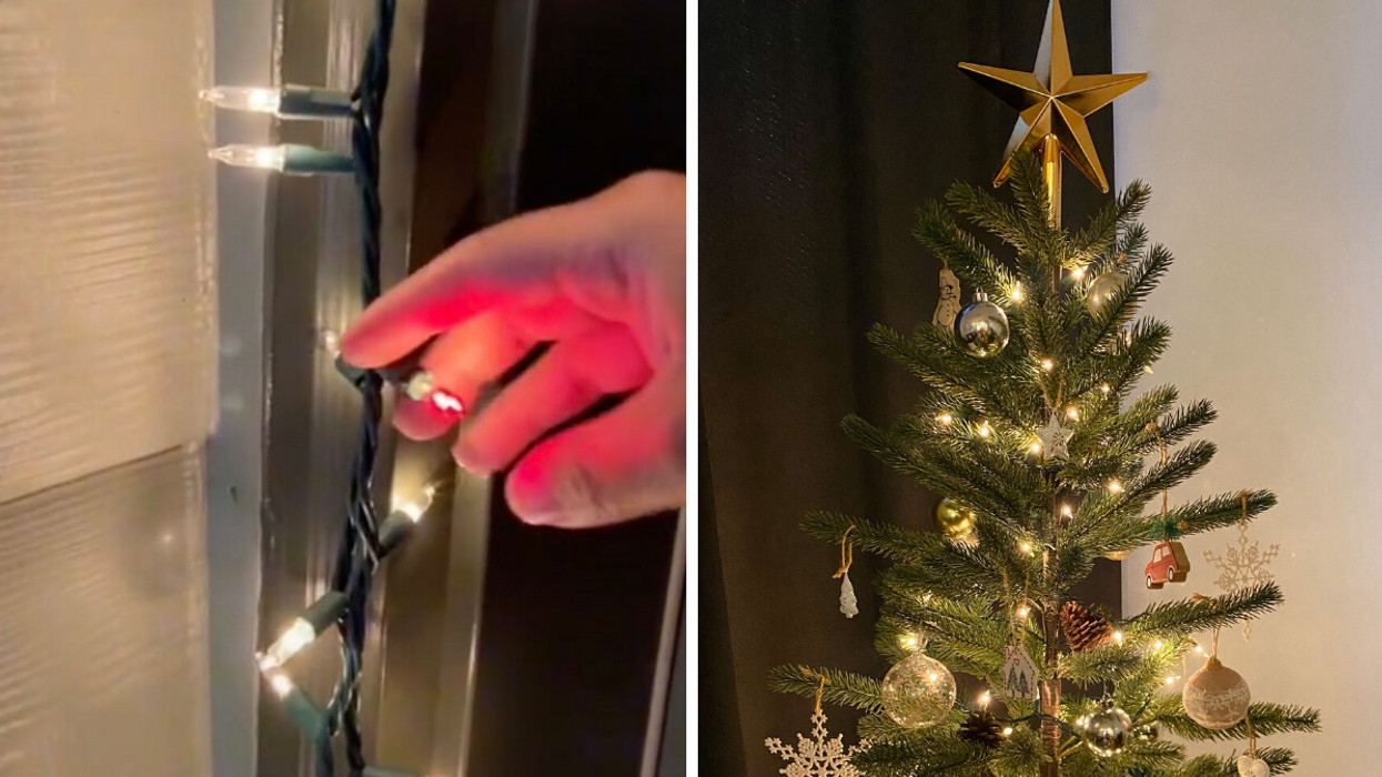 Ampoule rouge. Droite : Sapin de Noël.