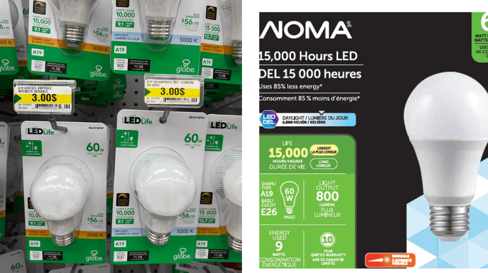 Ampoules 60 W au Dollarama. Droite : Ampoules Noma du Canadian Tire.