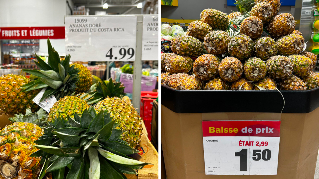 Ananas en vente au Costco. Droite : Ananas en vente au Maxi.