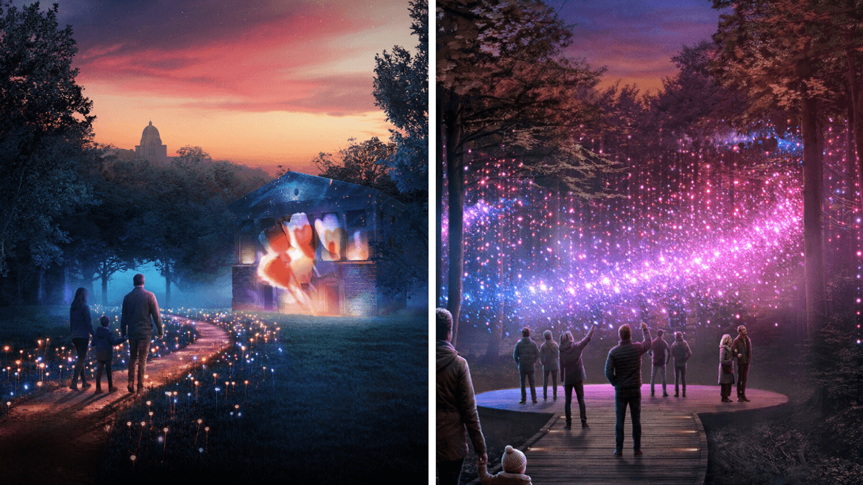 Ancestra Lumina, un nouveau parcours lumineux à Montréal. Droite : Une foule devant une projection lumineuse dans le cimetière Notre-Dame-des-Neiges.