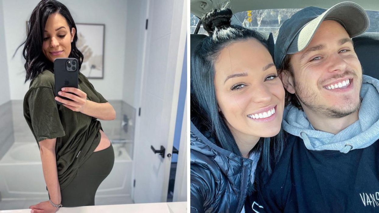 Andréanne Moran enceinte. Droite : Andréanne Moran et Carl Lacourse d'Occupation Double Chez Nous.