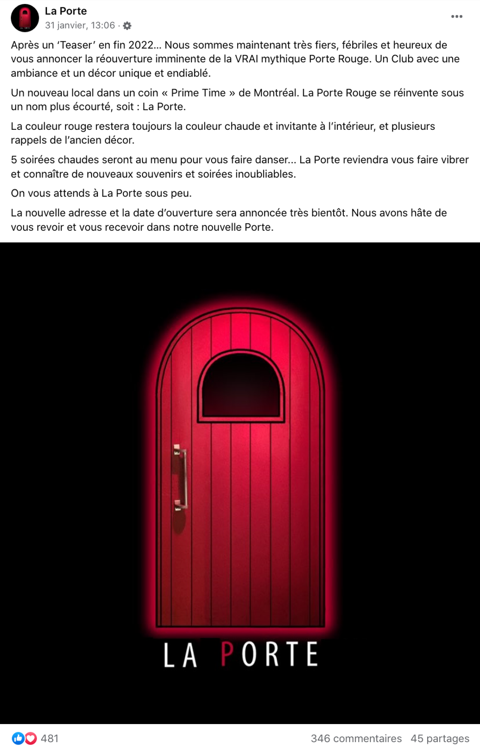 Annonce d'ouverture du bar La Porte \u00e0 Montr\u00e9al.