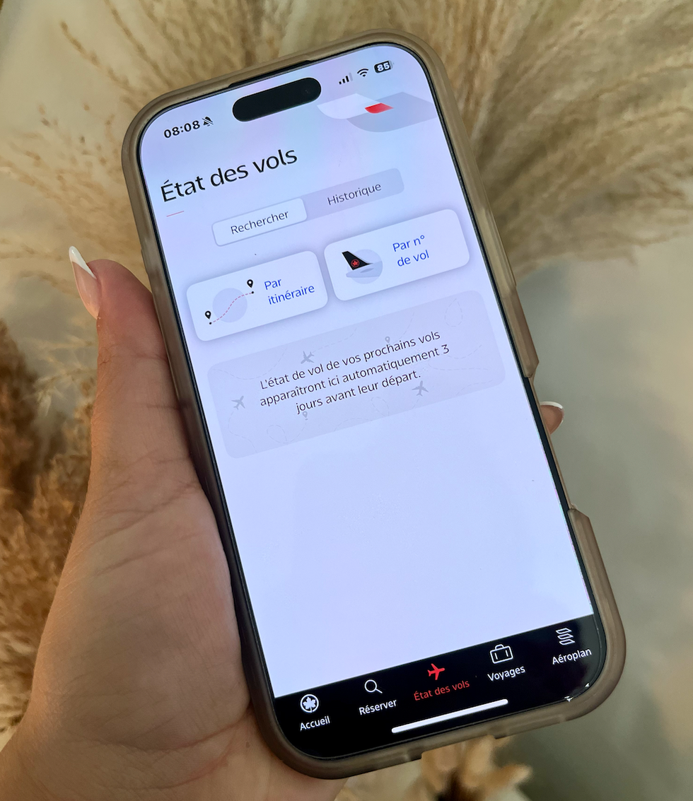 Application mobile d'Air Canada sur la page \u00ab \u00e9tat des vols \u00bb sur un t\u00e9l\u00e9phone cellulaire.