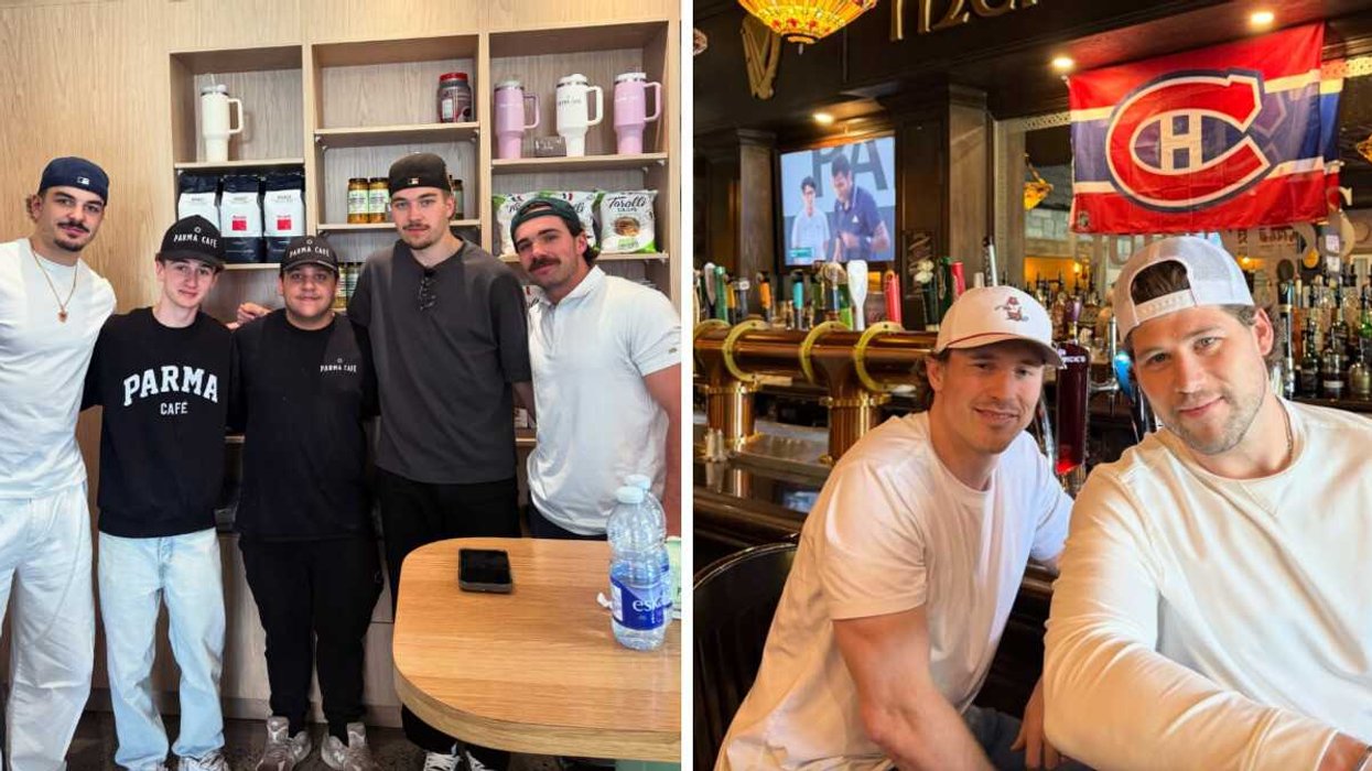 Arber Xhekaj, Florian Xhekaj et Alex Newhook au Parma café à Montréal. Brendan Gallagher et Josh Anderson au McKibbins à Montréal.