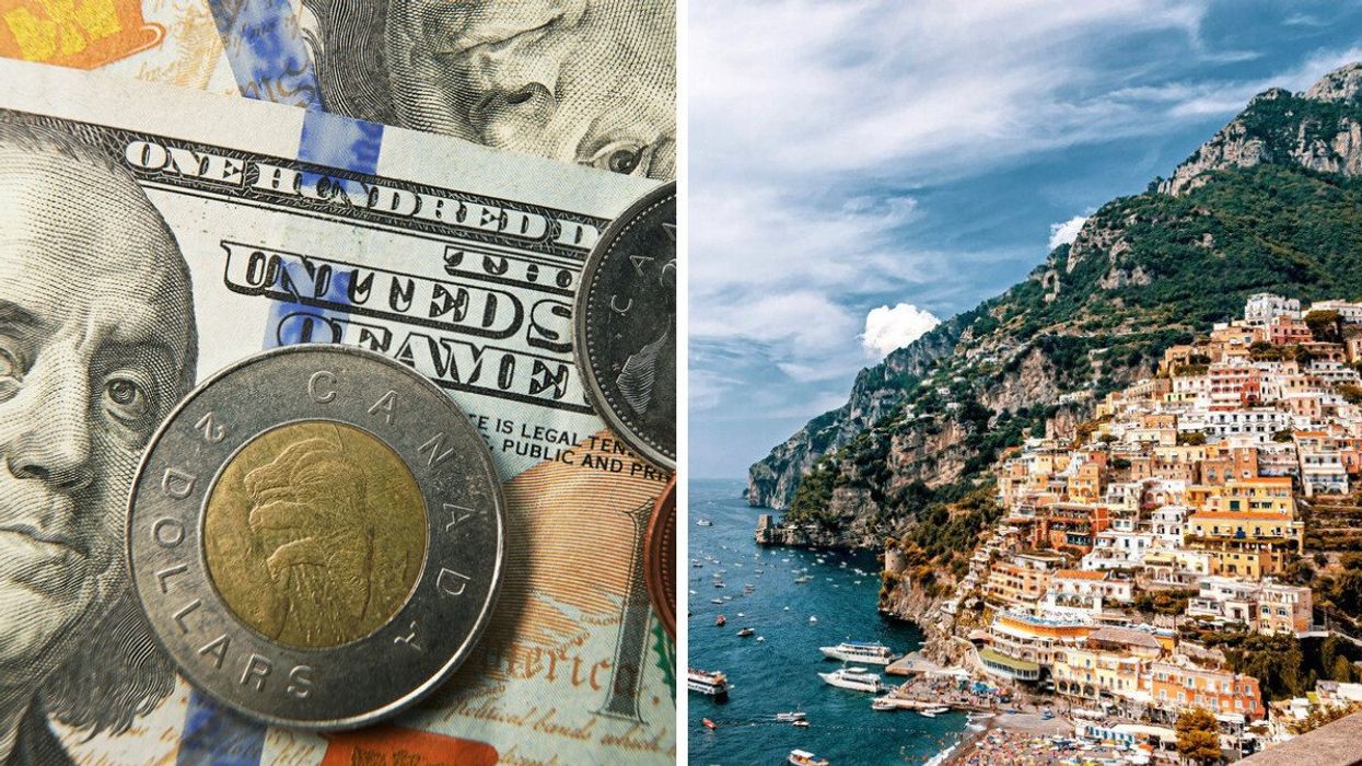 Argent canadien et américain. Droite : Vue de Positano en Italie.