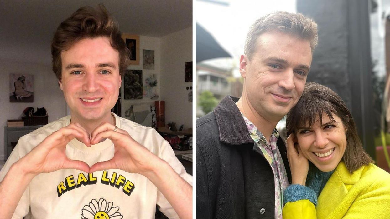 Arnaud Soly faisant un cœur avec ses mains. Droite : Arnaud Soly et sa femme Laurence Gough.