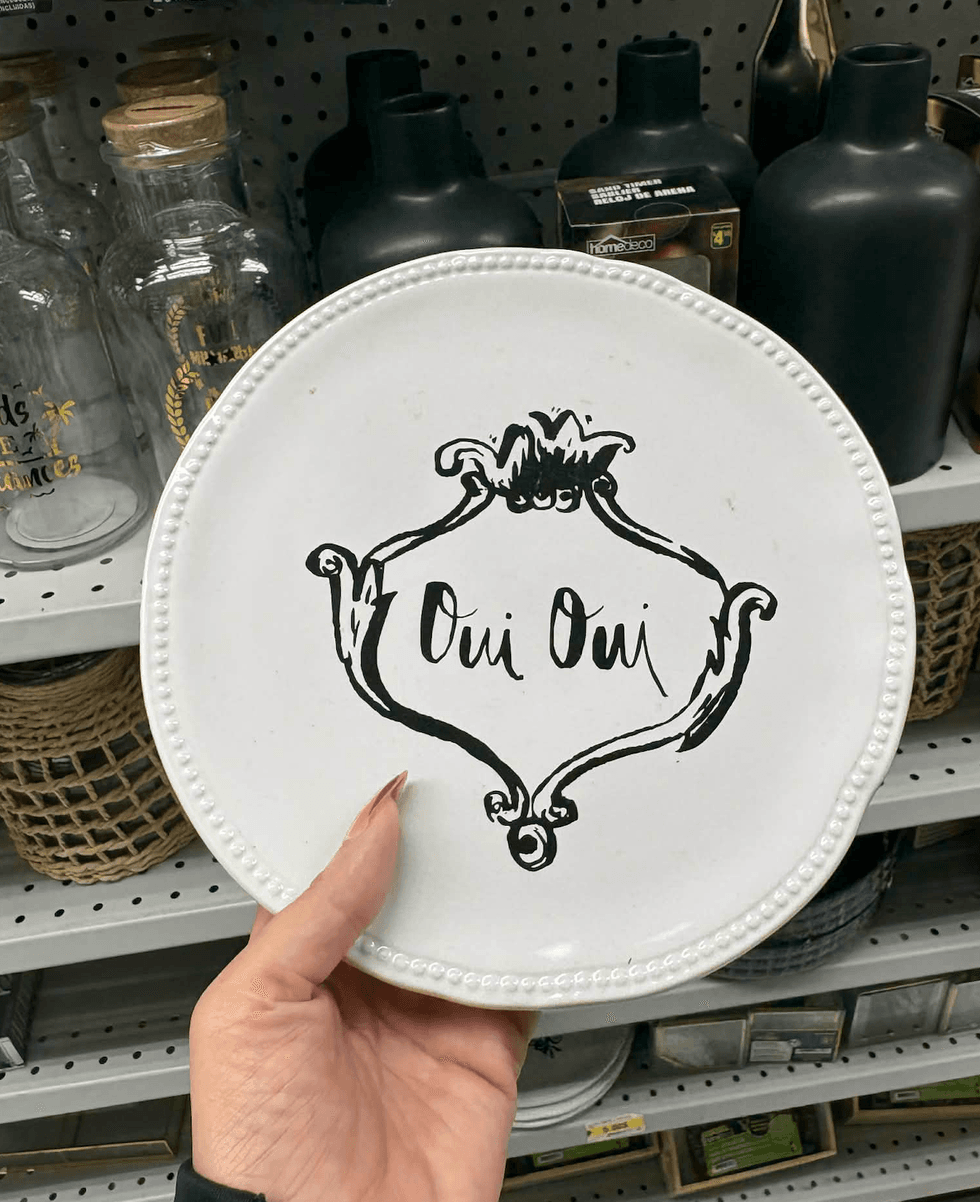 Assiette d\u00e9corative dans une main au Dollarama.