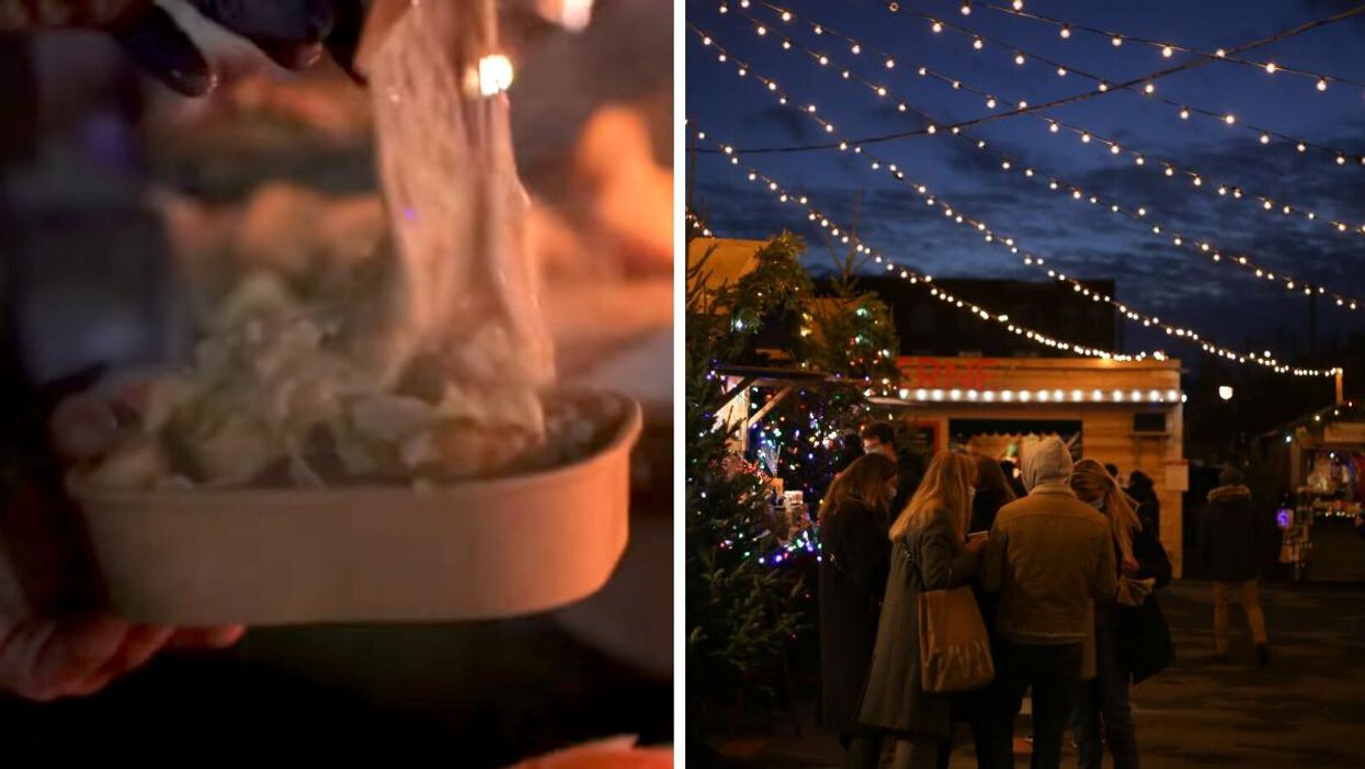 Assiette de raclette. Droite : Marché de Noël de Montréal.
