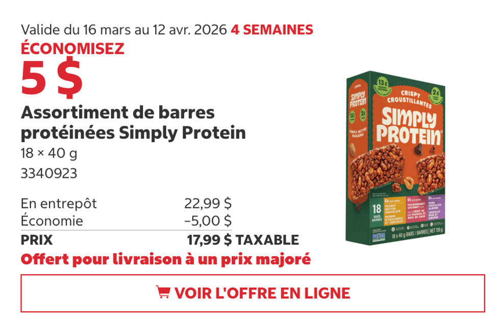 Assortiment de barres prot\u00e9in\u00e9es Simply Protein en rabais au Costco.