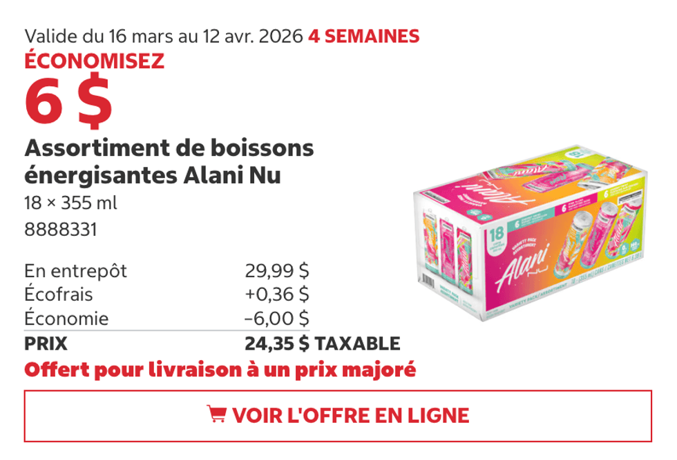 Assortiment de boissons \u00e9nergisantes Alani Nu en rabais au Costco.