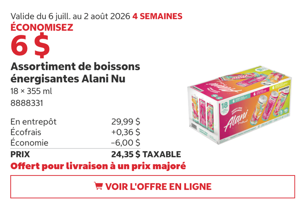 Assortiment de boissons \u00e9nergisantes Alani Nu en rabais au Costco.
