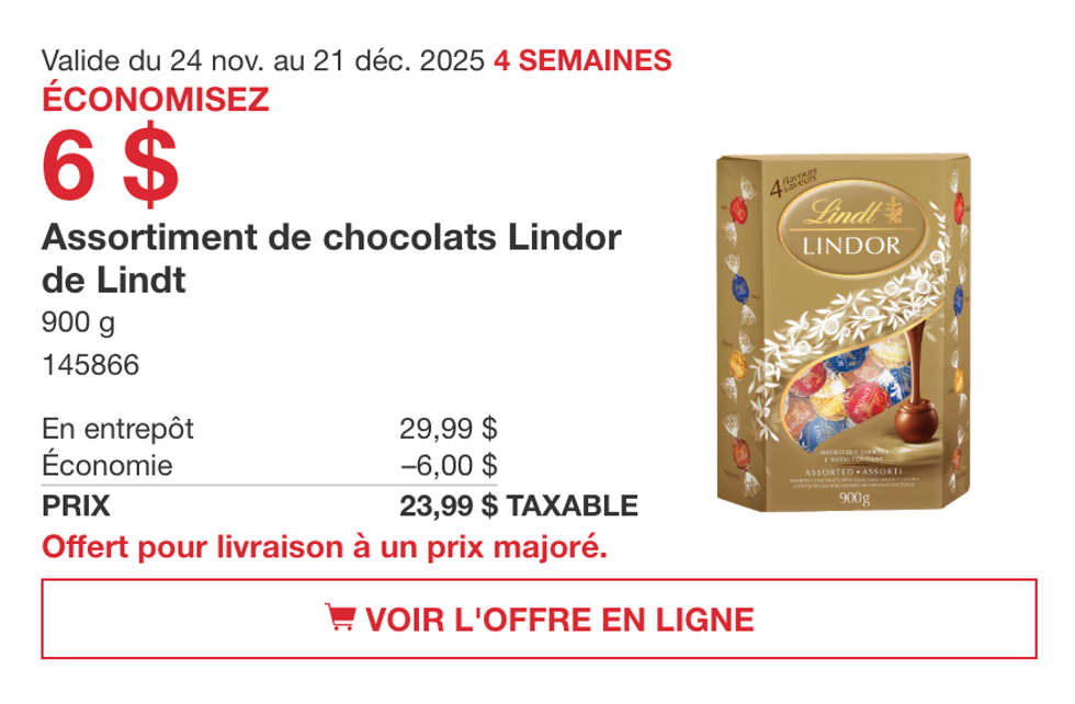 Assortiment de chocolats Lindor de Lindt sur le site de Costco.