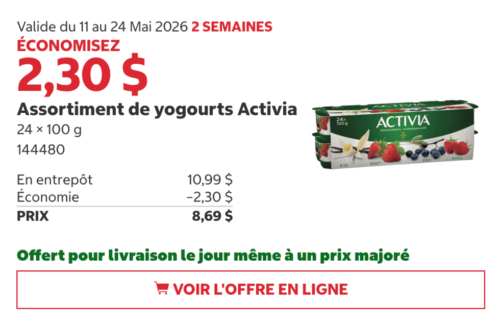 Assortiment de yogourts Activia (24 x 100 g) au Costco.