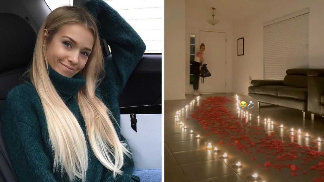 Audrey-Anne. Droite : Audrey-Anne et un chemin de chandelles et de pétales de rose.