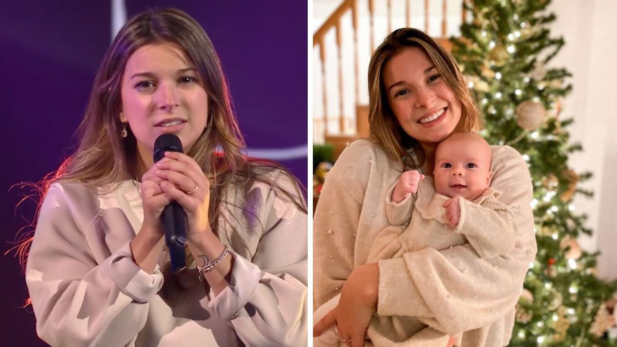 Audrey-Louise avec un micro. Droite : Audrey-Louise avec un bébé.