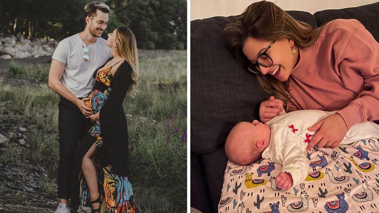 Audrey-Louise Beauséjour et Benjamin Nadeau. Droite : Audrey-Louise Beauséjour et sa fille Adèle.