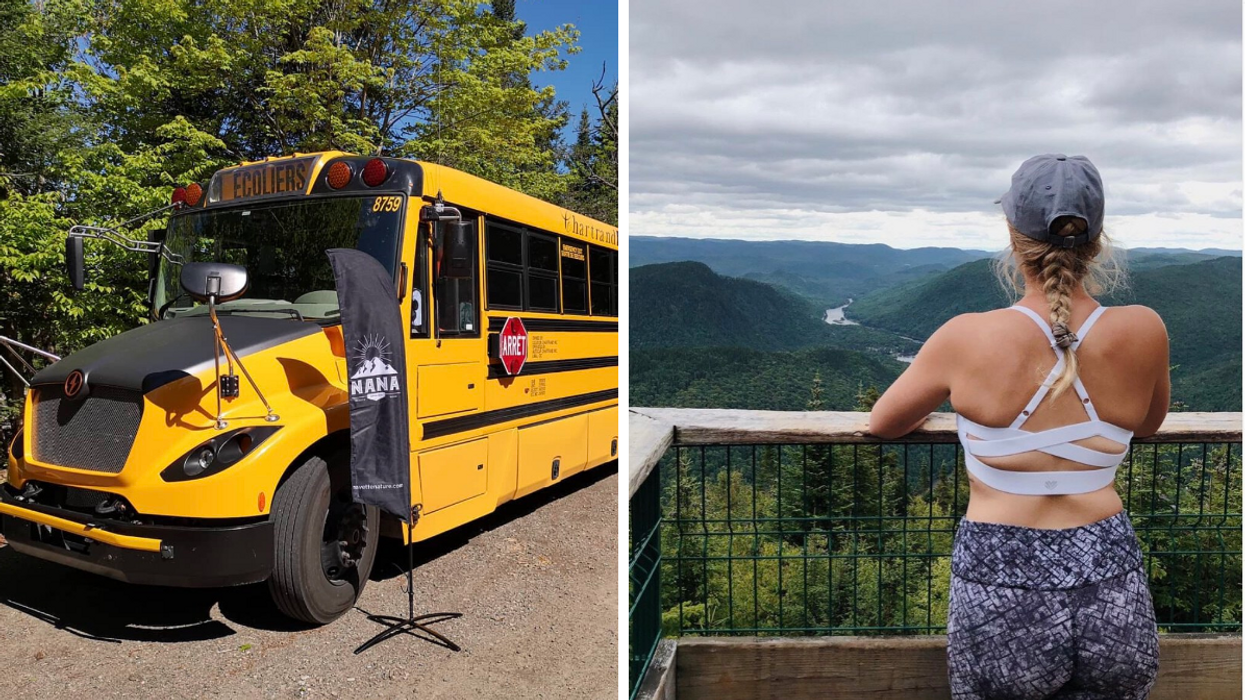 Autobus Navette Nature. Droite : Femme dans un parc national du Québec.
