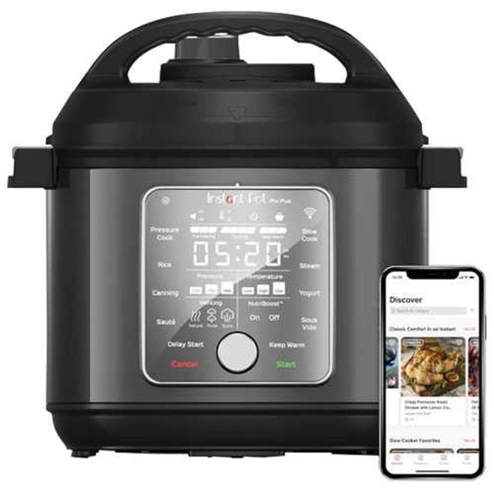 Autocuiseur Instant Pot intelligent avec \u00e9cran num\u00e9rique et application mobile de recettes.