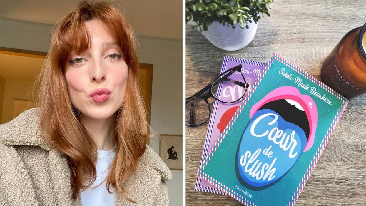 Autrice Sarah-Maude Beauchesne. Droite : Livres Cœur de Slush et Maxime de Sarah-Maude Beauchesne posés sur une table et entourés d'objets.