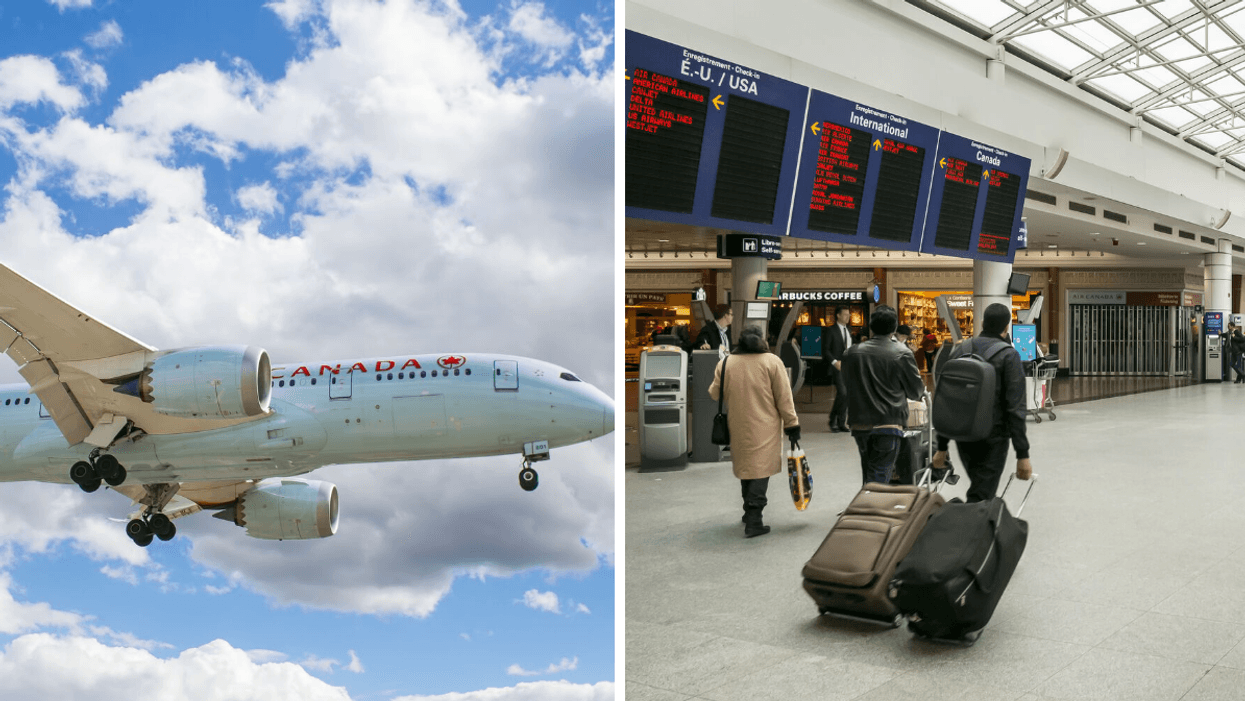 Avion Air Canada. Droite : Aéroport de Montréal.