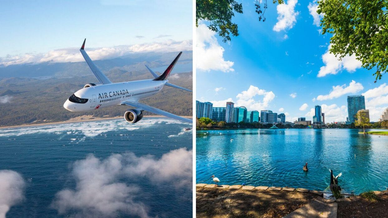Avion d'Air Canada. Droite : Lac Eola à Orlando en Floride.