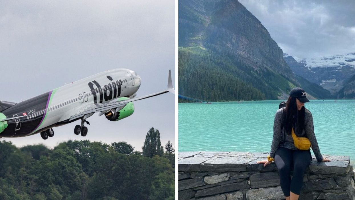 Avion de Flair Airlines. Droite : Lake Louise à Banff.