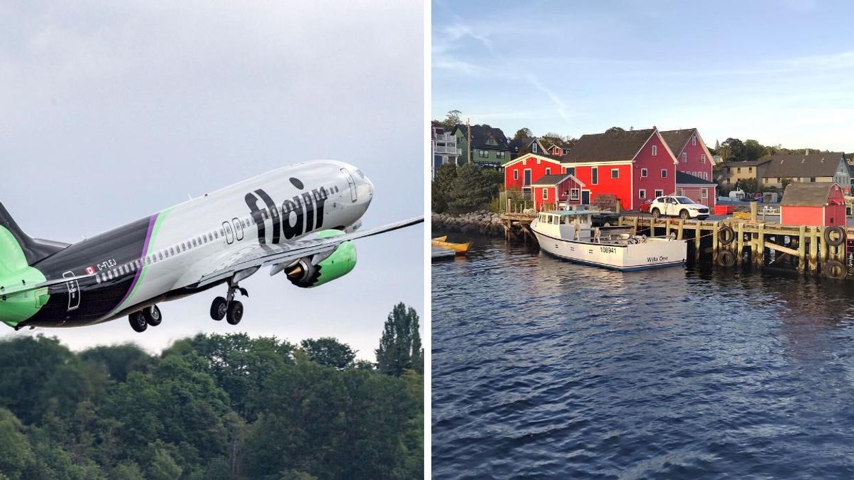 Avion de Flair Airlines. Droite : Quai de Lunenburg en Nouvelle-Écosse.
