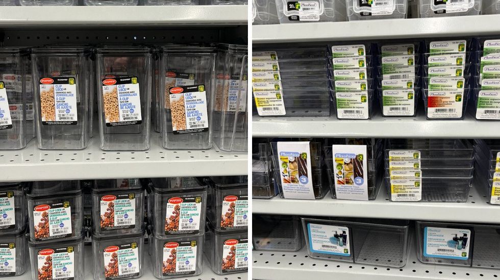 Bacs de rangement transparents sur l'\u00e9tag\u00e8re du Dollarama. Droite : piles de petits bacs de rangement.