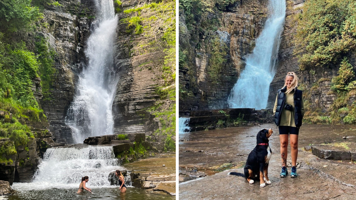 Baignade dans les chutes. Droite : Femme et chien devant les chutes.