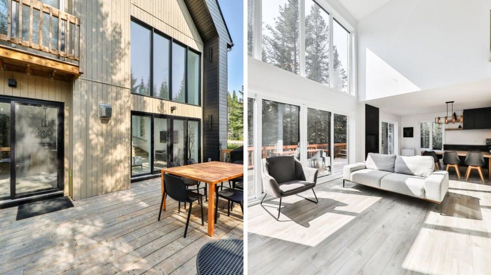 Balcon d'un chalet avec table \u00e0 manger. Droite : Cuisine et salon, comprenant un divan et un toit cath\u00e9drale offrant une vue sur l'ext\u00e9rieur.