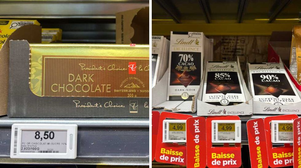 Barres de chocolat noir de marque Le Choix du Pr\u00e9sident. Droite : Barres de chocolat noir de marque Lindt.