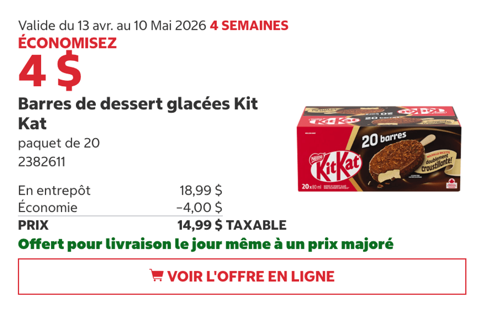 Barres glac\u00e9es Kit Kat (paquet de 20) au Costco.