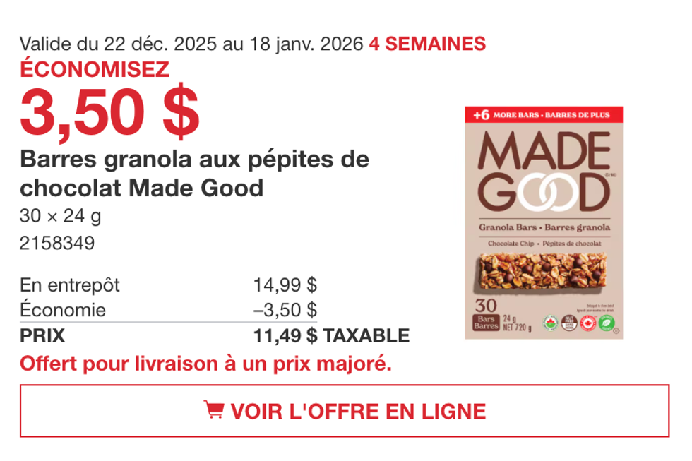 Barres granola aux p\u00e9pites de chocolat Made Good 30 x 24 g sur le site de Costco