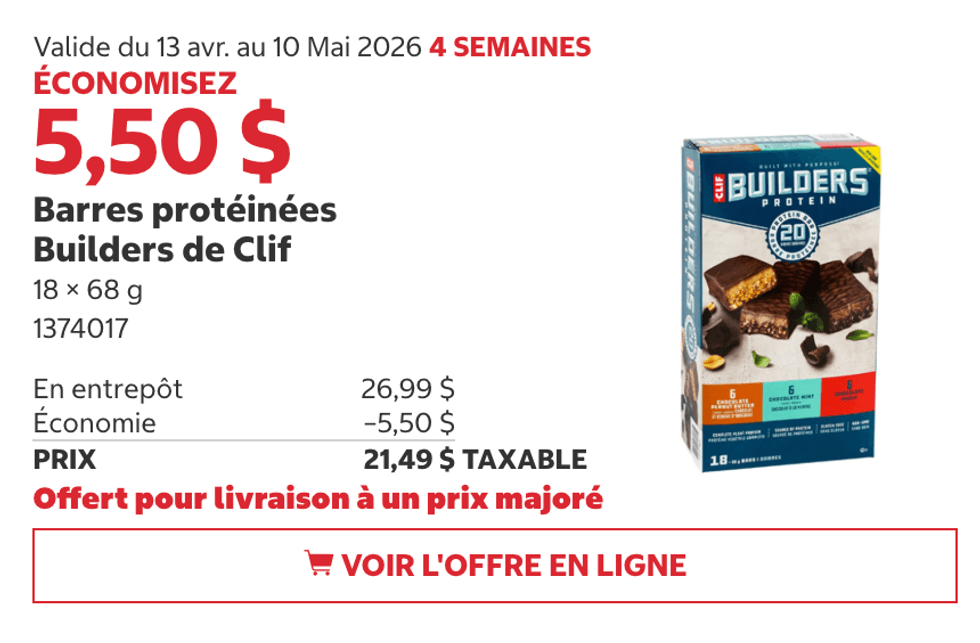 Barres prot\u00e9in\u00e9es Builders de Clif au Costco.